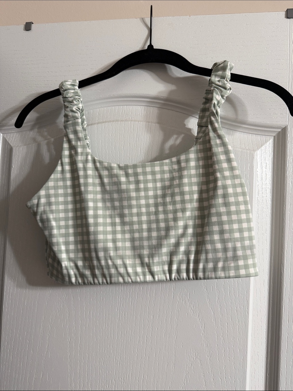 Gingham Ruched Strap Crop Top - Sage Green